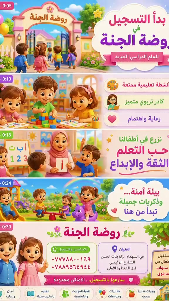📢✨ هل تبحث عن البداية المثالية لطفلك؟ 
لقد حان الوقت لبداية مشرقة في احضان التربيه والتعليم! 
✨ يسر روضتنا وحضانتنا ان تعلن عن بدء التسجيل للعام الدراسي الجديد 
📚 لاطفال الروضة والحضانة ضمن اجواء آمنه،  تعليم ممتع
💥 اسعار تنافسية لا تفوت! 
🎨 برامج تعليميه  وترفيهية 
🏃‍♂️ انشطة يومية تنمي مهارات الطفل وقدراته 
💢يوجد شفت مسائي
🚌 تتوفر خطوط نقل للاطفال
سارعوا با لحجز الان! 
الموقع: طويريج حي الشهداء نزلت بنات الحسن الشارع الرئيسي قبل القنطره الاولى 
للحجز والاستفسار 
***********    واتساب 
***********
👶 لان طفلك يستحق البداية الافضل....... اختر له بيئة تنمي ذكاءه وتغمره بالحب..!

