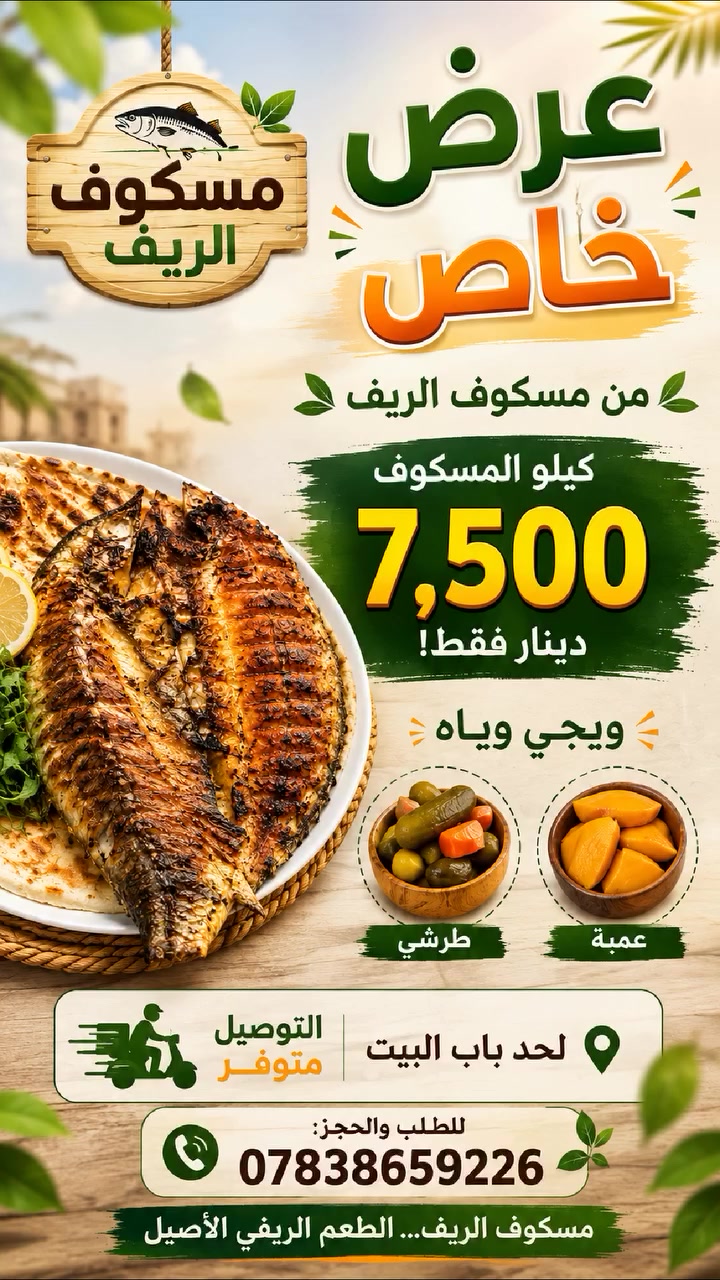 🔥🐟 عرض خاص من مسكوف الريف 🐟🔥

كيلو المسكوف بـ ٧,٥٠٠ دينار فقط 😍🔥

ويجي وياه:
🥭 عمبة
🥒 طرشي

🚗 التوصيل متوفر لحد باب البيت ❤️

📞 للطلب والحجز:
***********

لا تفوّت العرض 🤤🔥
مسكوف الريف… الطعم الريفي الأصيل ❤️ #مسكوف #العراق_بغداد
