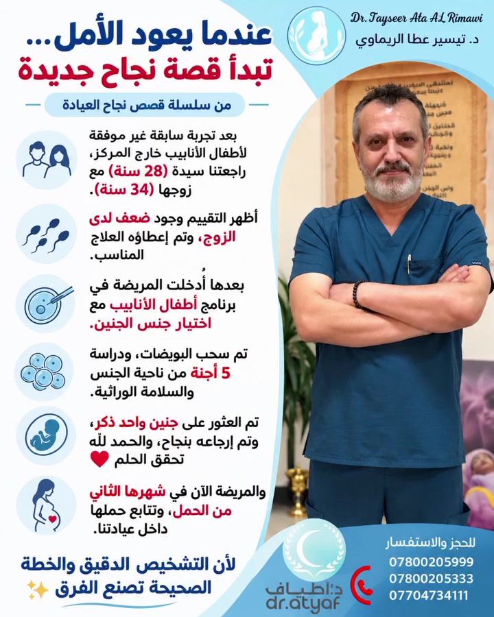 ﴿وَبَشِّرِ الصَّابِرِينَ﴾

بعد تجربة سابقة غير موفقة، بدأت رحلة جديدة بالأمل والتشخيص الصحيح، وكانت النتيجة بفضل الله حملًا تحقق بعد برنامج أطفال الأنابيب مع اختيار جنس الجنين.
المريضة الآن في شهرها الثاني من الحمل 🤍

الدكتور تيسير عطا الريماوي 🥼
العنوان: العراق🇮🇶 بغداد_مستشفى الجادرية الاهلي الطابق الرابع _مركز الدكتورة أطياف للعقم وأطفال الأنابيب 
للحجز والاستفسار 
***********📲
***********📲
***********📲
#الدكتور_تيسير_عطا_الريماوي
#قصص_نجاح
#اطفال_الانابيب
#اختيار_جنس_الجنين
#حمل_بعد_انتظار
#علاج_تأخر_الحمل
