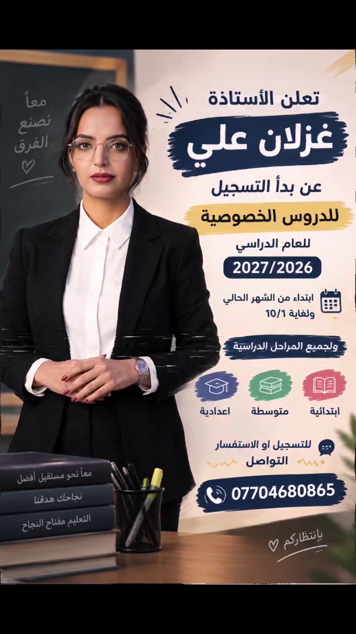 ⁨ ⁨ ⁨ ⁨ التسجيل مفتوح للدروس الخصوصية للعام الدراسي
2027/2026 تعلن الأستاذة غزلان علي ،عن بدأ التسجيل للدروس الخصوصية لجميع المراحل الدراسية:
ابتدائية
متوسطة
إعدادية
التسجيل ابتداءً من الشهر الحالي ولغاية 10/1
للتسجيل أو الاستفسار:***********
المقاعد محدودة، والحجز يكون بالتواصل مسبقاً. 
 #تدريس_خصوصي #بغداد #طلاب_العراق #رياضيات #تعليم

