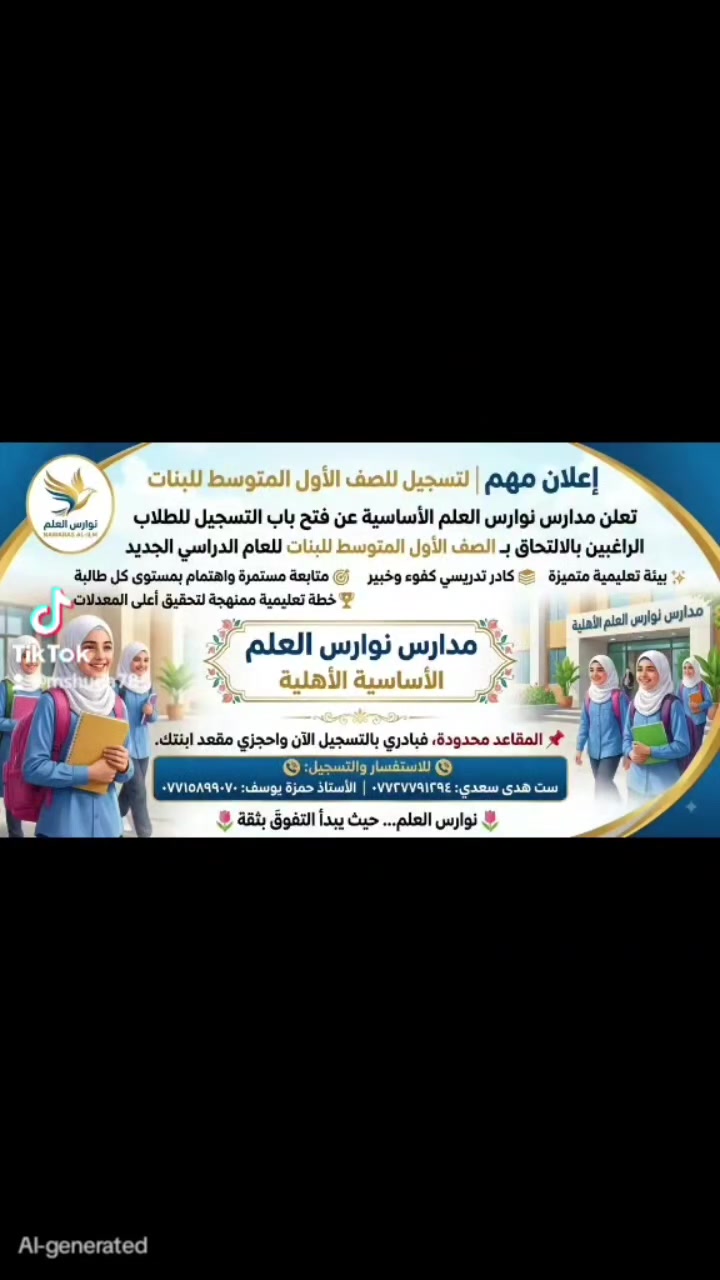 إعلان مهم  فتح التسجيل للصف الأول المتوسط
🎓 تعلن مدارس نوارس العلم الأساسية عن فتح باب التسجيل للطلاب الراغبين بالالتحاق بـ الصف الأول المتوسط للبنات للعام الدراسي الجديد.
✨ بيئة تعليمية متميزة
📚 كادر تدريسي كفوء
🎯 متابعة مستمرة واهتمام بمستوى كل طالبة
🏆 خطة تعليمية ممنهجة لتحقيق أعلى المعدلات
📌 المقاعد محدودة، فبادري بالتسجيل الآن واحجزي مقعد ابنتك.
📞 للاستفسار والتسجيل: ست هدى سعدي: *********** الأستاذ حمزة يوسف: ***********
🌷 نوارس العلم... حيث يبدأ التفوق بثقة.
