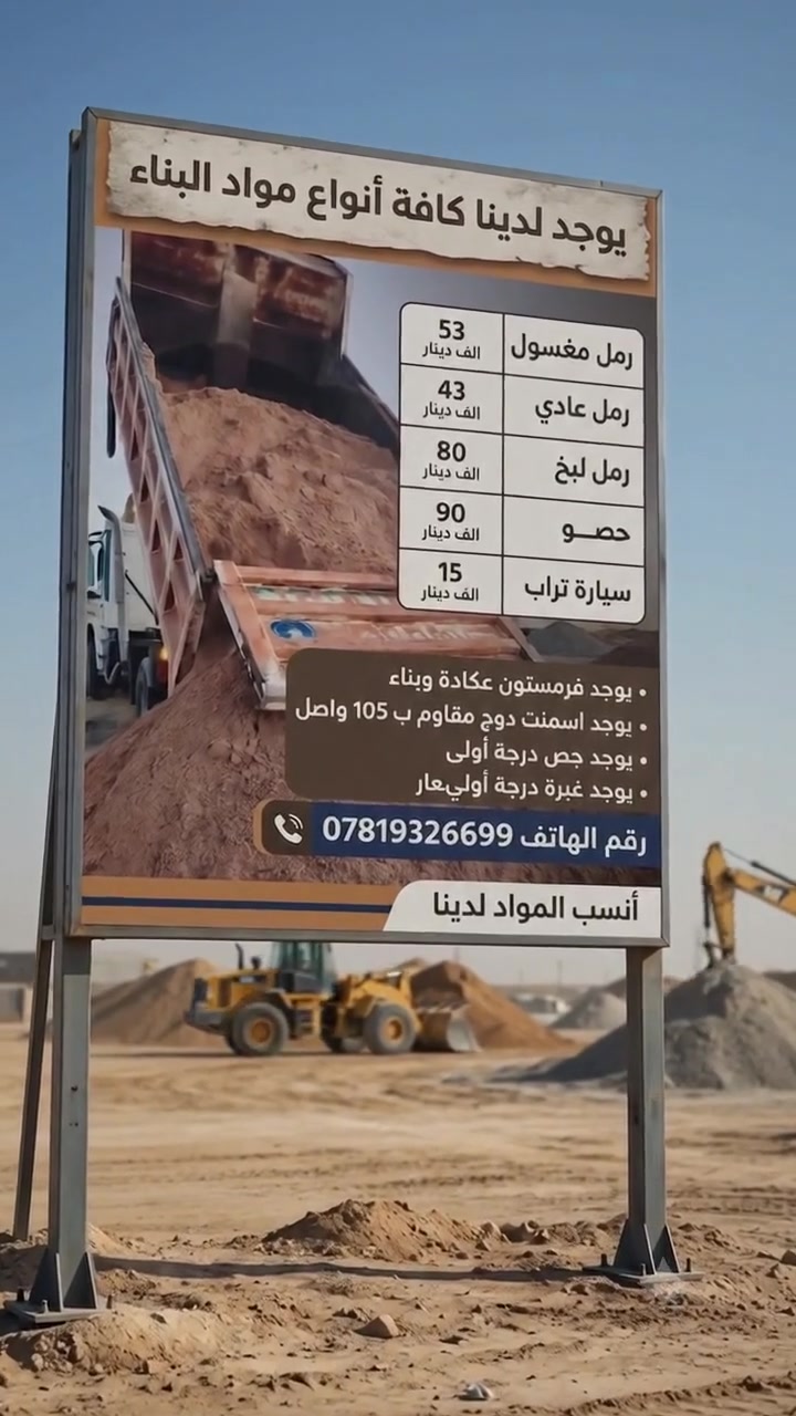 🏗️ تبني أو ترمم؟ محتاج مواد بناء مضمونة وعالية الجودة؟
​نوفر لكم أجود أنواع مواد البناء (أسمنت، سيراميك، طابوق، مواد عزل، وغيرها) بأسعار تنافسية ومواصفات قياسية.
​✅ جودة عالية ومقاييس معتمدة.
✅ توفر كميات للجملة والمفرد.
🚛 خدمة التوصيل متوفرة مباشرة إلى موقع العمل.
⏰ متواجدين لخدمتكم 24 ساعة.
​📞 للاستفسار والطلب، تواصل معنا عبر الرسائل أو الاتصال: ***********
📍 العنوان: شارع العام - قرب مسبح الرميثة
​أخوكم أبو حسين الظالمي
