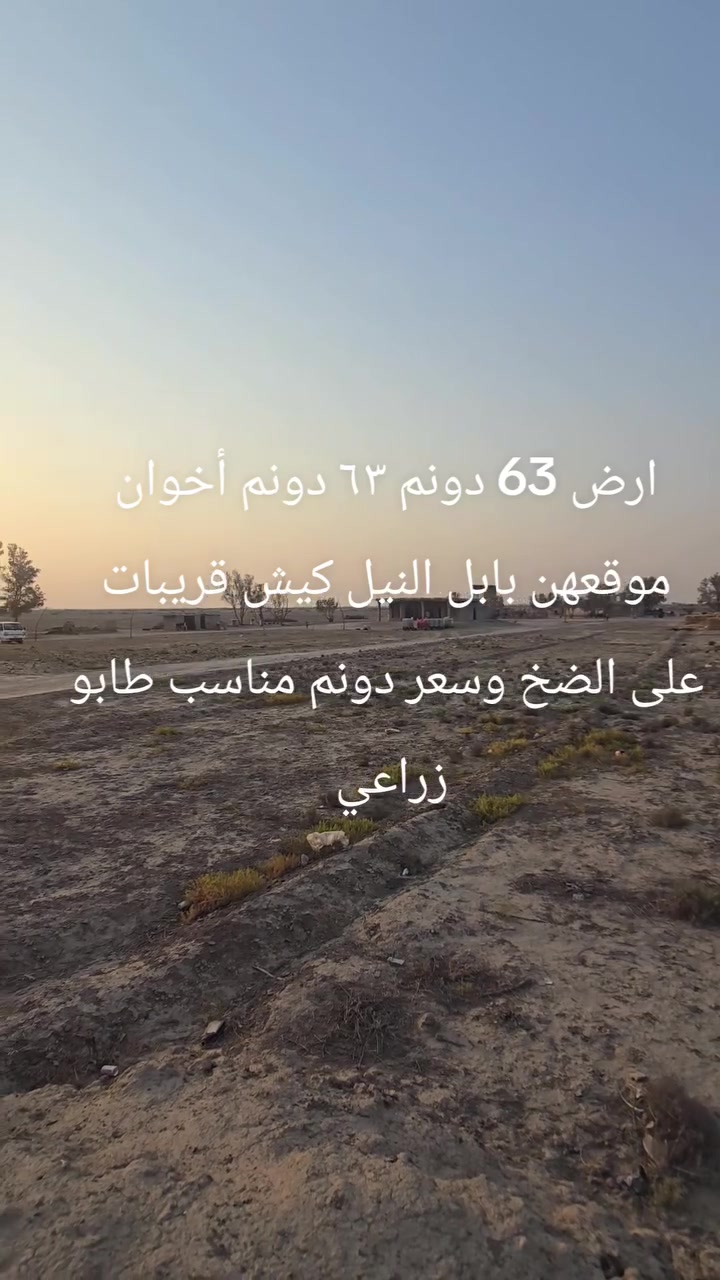 سلام عليكم ارض مساحتها 63 دونم طابو زراعي  مع 3 بيوت صب كونكريت وبيت عكاده طابو زراعي موقعها بابل النيل كيش قرب الضخ البور *********** وو***********
