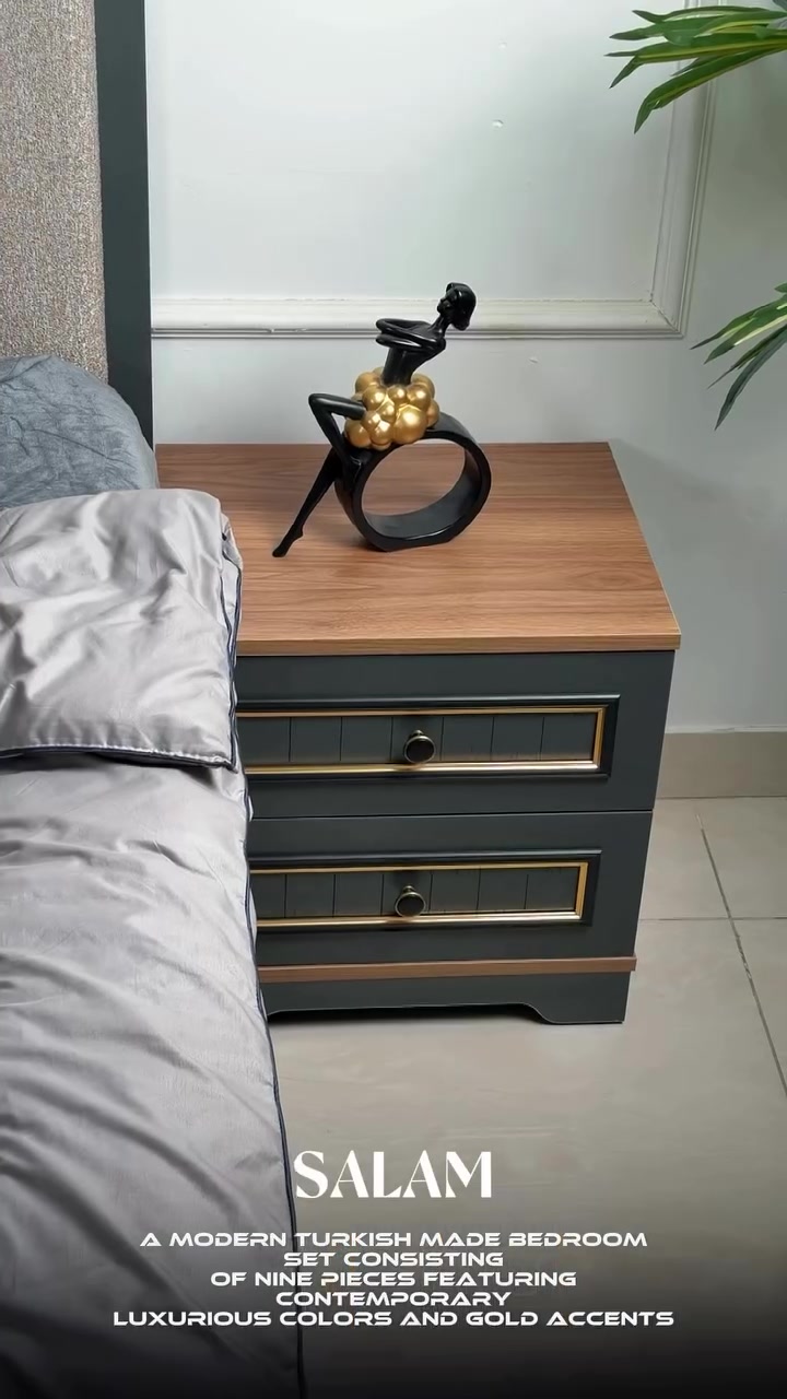 

نص مكتوب في الصور:
- SALAM A MODERN TURKISH MADE BEDROOM SET CONSISTING OF NINE PIECES FEATURING CONTEMPORARY LUXURIOUS COLORS AND GOLD ACCENTS