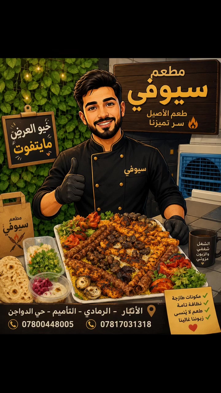 🚨🔥 20 ألف؟! شنو هالعرض؟! 🔥🚨

لا، مو غلط بالكتابة 😏
20 ألف دينار وبس!

🥩 كيلو مشاوي مشكّل
🍢 12 شيش
🍚 وياها برياني

💥 الكل بـ20 ألف فقط!

العرض الثاني 
كيلو دجاج 12 شيش مع منسف دجاج بتنور سعر 25000 الف فقط 

يعني إذا عندك لمة، عزيمة، أو حتى نفسك بمشاوي عدلة…
هذا العرض معمول إلك! 😍🔥

بس انتبه ⚠️
⏰ العرض لمدة أسبوع واحد فقط
وبعدها يرجع السعر الطبيعي!

📩 دزّلنا رسالة هسه واكتب "عرض سيوفي" ونثبتلك الحجز 🔥

📞 أو اتصل مباشرة:
***********
***********

📍 الرمادي – التأميم – حي الدواجن

🔥 لا تنتظر وتشوف غيرك يحجز قبلك!
راسلنا هسه واحجز قبل انتهاء العرض.

🥩🍢 سيوفي… هالمرة العرض غير!
