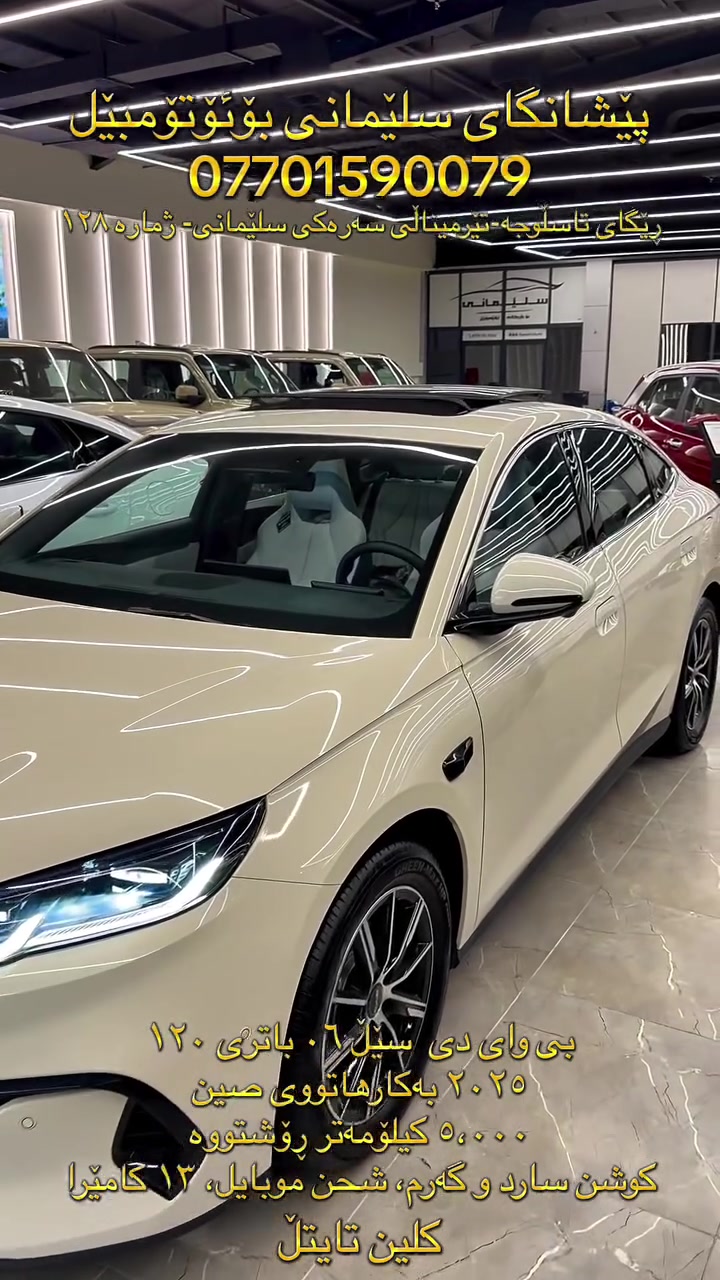 🔥 بەکارهاتووی صین🔥 
‏BYD SEAL 06 Flagship Full
بی وای دی سێل ٠٦ فول مواصفات 
‏‎‏‎مۆدێل ٢٠٢٥ مکینە ١.٥ ‎
٥،٠٠٠  کیلۆمەتر کلین تایتل
باتری ١٢٠ شحن+کارەبا+بەنزین
ڕەنگی سپی شیری و ناو سپی

‎‏‎مواصفات فلاگشیپ فول،پانۆراما، ١٤کامێرا،کوشن سارد و گەرم و کارەبا،شحن مۆبایل، ئۆتۆ پارک، ویلکرۆم، نیکلی جام، شغال، بەصمە، کارت،فول ئاوێنە شەفت، حساس پێش و دواو تەنیشت، برێک بصمە و ئۆتۆ هۆڵد، تبرید مرکزی، سوکان ڤۆلیۆم، ئیشارەتی سەر ئاوێنە، تبرید مرکزی، لایت زینۆن، بەگلایت لید، حساس طایە، گێچ ئەلەکترۆنی،درایڤ مۆد، دوگمەی ،خلیسکان، ئەی بی ئێس، ١٠ ئەیرباگ.

‏‎کێبڵ شحنی بیلادی وگاعیە و کارد و پەمپی هەواو و جیهازی پەنچەری لەگەڵە

‏‎بۆ زانینی نرخ کۆمێنتێک بەجێبهێڵە
‏‎لتفاصیل والسعر اکتبوا التعلیق

‏‎‏‎‏‎ پێشانگای ســـلـــێــــمـــانـــی ھەمیشە پێشەنگین 
‏‎‏‎معرض الســــلــیــمانـــیـــة ھو الافضل دائماً

‏‎‏‎بە داوای لێبوردنەوە شێوازی قیستمان نییە⚠️⚠️
‏‎‏‎نعتذر منکم لیس لدینا نظام الاقساط⚠️⚠️

‎‏‎📍العنوان: سلیمانیة -طریق کرکوک-نقلیات السلیمانية الجدیدة - الرقم محل ١٢٨
‎‏‎📍ناونیشان: ڕێگای تاسڵوجە - تێرمیناڵی سەرەکی سلێمانی - ژمارە١٢٨

***********☎️

#BYD #Seal06 #Used #Flagship #BYDSeal SlemaniAuto SlemaniTerminal

نص مكتوب في الصور:
- پیشانگای سلیمانی بۆ ئۆتۆمۆبیل *********** ریگای تاسلوجه - تیرمینالی سه ره کی سلیمانی - ژماره ۱۲۸ بی وای دی سیل ۰۶ باتری ۱۲۰ ۲۰۲۵ به کارهاتووی صین ۵۰۰۰ کیلومه تر روشتووه کوشن سارد و گارم، شه حن موبایل، ۱۳ کامیر کلین تایتل