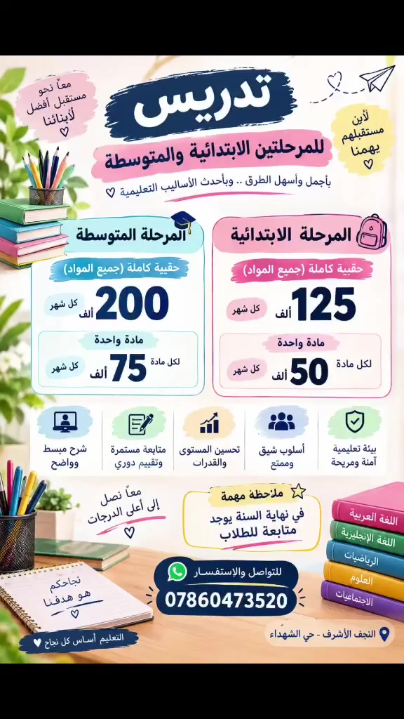 تدريس خصوصي جميع المواد الدراسية للمرحلتين الابتدائية والمتوسطةو دورات تعليم القراءه والكتابه مكاني النجف الاشرف حي الشهداء هذا رقمي لتواصل واتس اب *********** استقبلكم بكل حب
