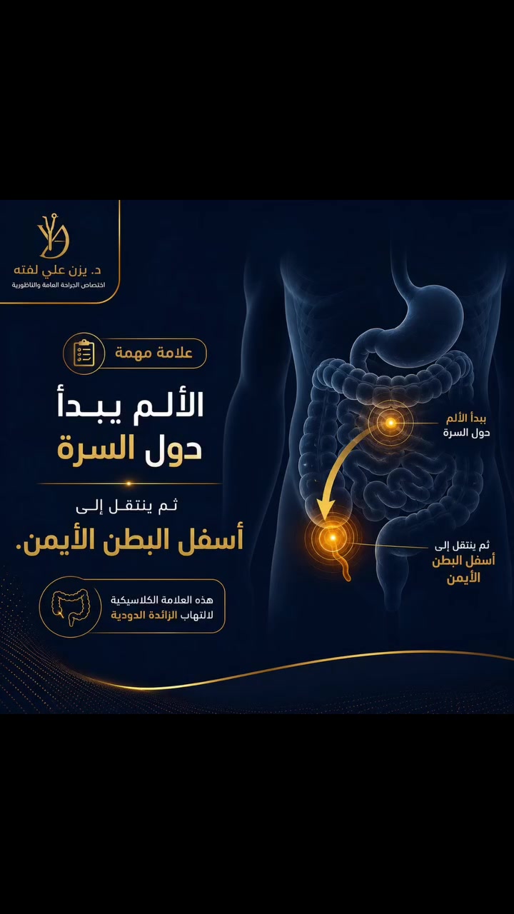 *🩺 نصيحة طبية عاجلة من* 
*✨ د. يــزن علي لفتة ✨* 
*اختصاصي الجراحة العامة*

*صحتكم أولويتنا 💙*

---

*⚠️ انتبه لهذه العلامة المهمة:*

1.  *البداية:* ألم يبدأ *حول السرة*
2.  *الانتقال:* بعد ساعات ينتقل الألم إلى *الجهة اليمنى السفلية من البطن*
3.  *التنبيه:* لا تتجاهل هذه العلامة أبداً

*🔍 التشخيص المحتمل:*
قد يكون *التهاب الزائدة الدودية*

*✅ الحل:*
*التشخيص المبكر + التدخل السريع = تجنب المضاعفات*

لا تتردد... راجع الطبيب فوراً

---

*📍 عيادة د. يزن علي لفتة* 
*بغداد - الكرخ - شارع الشيخ معروف*  
*مقابل جامع آل حداد - مجاور صيدلية وسن فالح*  
*📞 للحجز:* ***********

---
