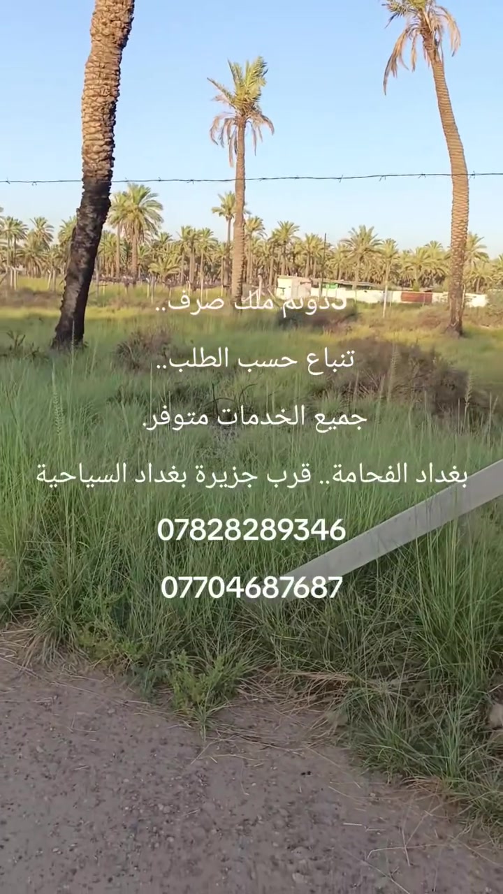 السلام عليكم
3 دونم ملك صرف سند 25
الواجهة m111.  نزال m35. 
موقع حلو وممتاز.. العنوان بغداد. الفحامة
تبعد 5  دقايق عن جزيرة بغداد السياحية.. 
جميع الخدمات متوفر كما مبيين بالفديو.. السعر جدا ممتاز.. 
ممكن تباع حسب الطلب... واجهة الدونم الواحد.. 37 متر.. 
للاستفسار اكثر الاتصال.. على
***********
***********
متوفر واتساب
