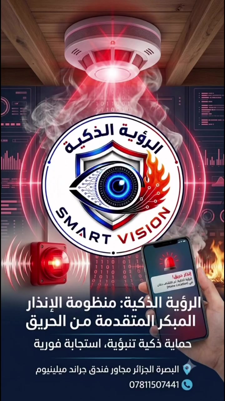 الحريق محتمل في أي لحظة
لا تنتظره… إستعد له
مع منظومات الإنذار المبكر للحريق..أنت بأمان
لا تعطي الفرصة للحريق أن يتغلب عليك
لا تتأخر…راسلنا اليوم

مكتب الرؤية الذكية
البصرة - الجزائر - مجاور فندق جراند ميلينيوم 
هاتف/واتساب ***********
