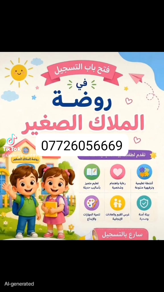 اعلان تسجيل 
تعلن روضة الملاك الصغير  الاهلية 🥀
عن فتح ابواب التسجيل للعام الدراسي  الجديد 2027/2026 عام دراسي جديد لأطفالنا الاعزاء 
يوجد دوام صباحي ومساىي 
للاستفسار والتسجيل مراسلة الصفحة او اتصال ***********يوجد واتساب
