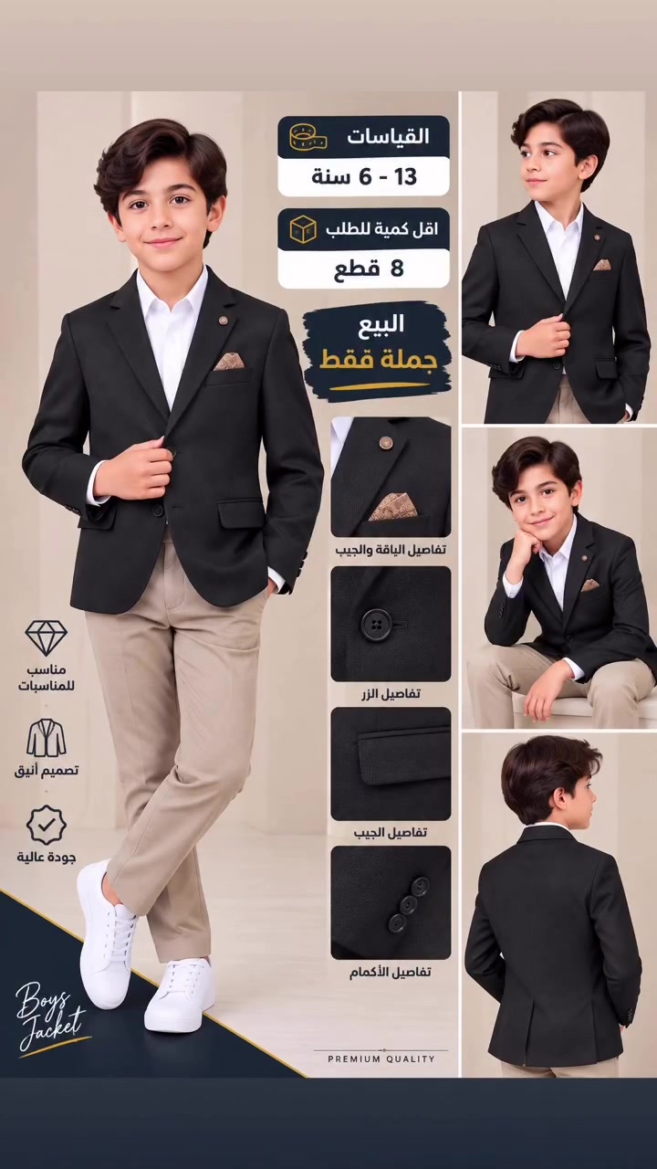 وصل الجديد 😍
سترة ولادي متوفرة بـ 6 الوان 
اسود - نيلي - بيجي - قهوائي- جنزي - رصاصي 
القياسات: 6–13 سنة
أقل كمية للطلب: 8 قطع
البيع جملة فقط

للحجز و الاستفسار ***********
📍 بغداد – الشورجة – باب الآغا – عمارة بغداد
محلات الأسدي

