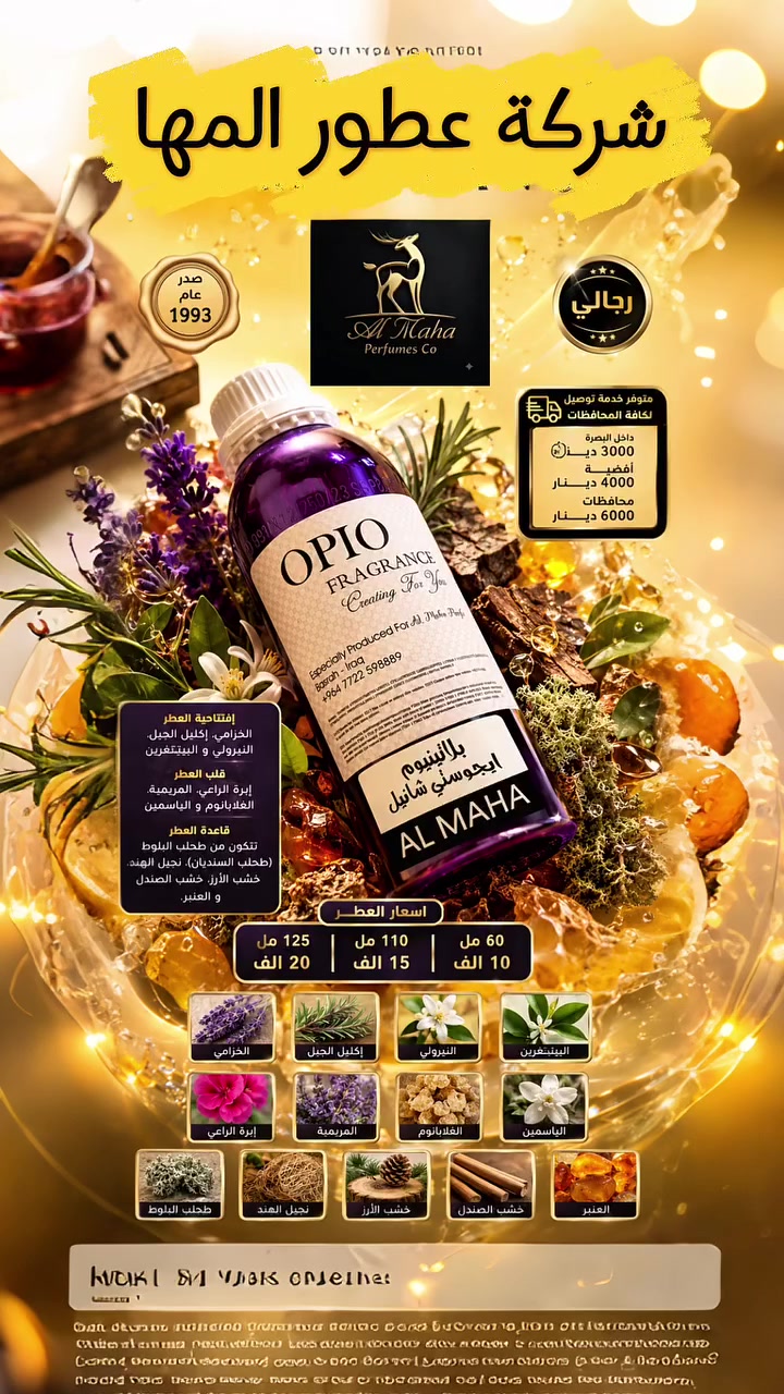 🔥 شركة عطور المها 🔥

بلاتينيوم ايجوستي شانيل 

إفتتاحية العطر الخزامي, إكليل الجبل, النيرولي و البيتيتغرين; قلب العطر إبره الراعي, المريمية, الغلابانوم و الياسمين; قاعدة العطر تتكون من طحلب البلوط (طحلب السنديان), نجيل الهند, خشب الأرز, خشب الصندل و العنبر.

شركة عطور المها 
للاستعلام والتوصيل
☎️***********
Whatsapp : wa.me/9647778156791
TikTok : https://www.tiktok.com/@almahaperfume8?_t=ZS-8y1w4CjaRd4&_r=1
Instgram : https://www.instagram.com/almaha_co_4?igsh=eWRpdDhvcDVkY3kx&utm_source=qr
Youtube : https://youtube.com/@almaha.perfume?si=bNhrOv6sgOpD6M0a
