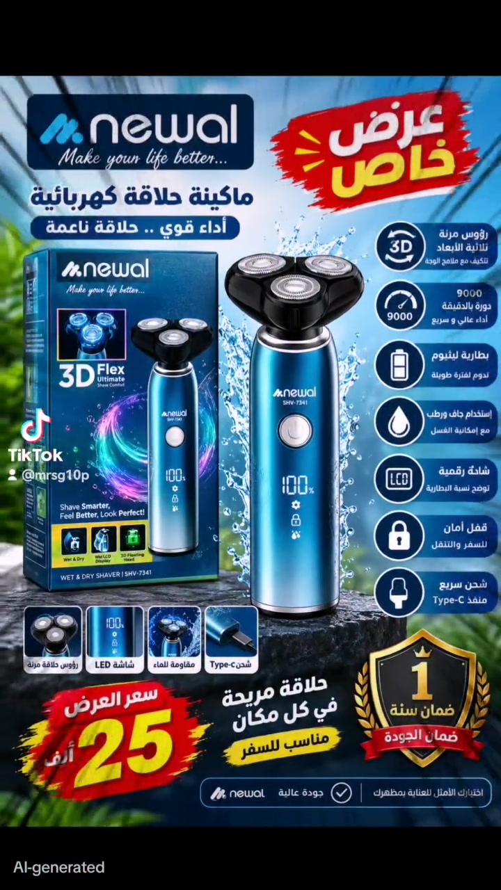 🔥 عرض خاص من Newal 🔥

🪒 ماكينة حلاقة Newal SHV-7341

✨ مواصفات مميزة: 🔹 رؤوس حلاقة مرنة بتقنية 3D Flex
🔹 سرعة دوران 9000 دورة/دقيقة
🔹 بطارية ليثيوم 600mAh
🔹 تشغيل لمدة تصل إلى 1.5 ساعة
🔹 استخدام جاف ورطب 💦
🔹 مقاومة للماء IPX7
🔹 شاشة LED رقمية
🔹 شحن سريع Type-C
🔹 قفل أمان للسفر 🔒

💰 سعر العرض: 25 ألف فقط 🔥
🛡️ ضمان سنة كاملة

📲 للطلب والاستفسار راسلنا الآن
الوتساب *********** 
🚚 متوفرة للتوصيل

#Newal #SHV7341 #ماكينة_حلاقة #ماكينة_حلاقة_رجالية #عرض_خاص #العناية_الرجالية #ضمان_سنة #العراق #نجف
