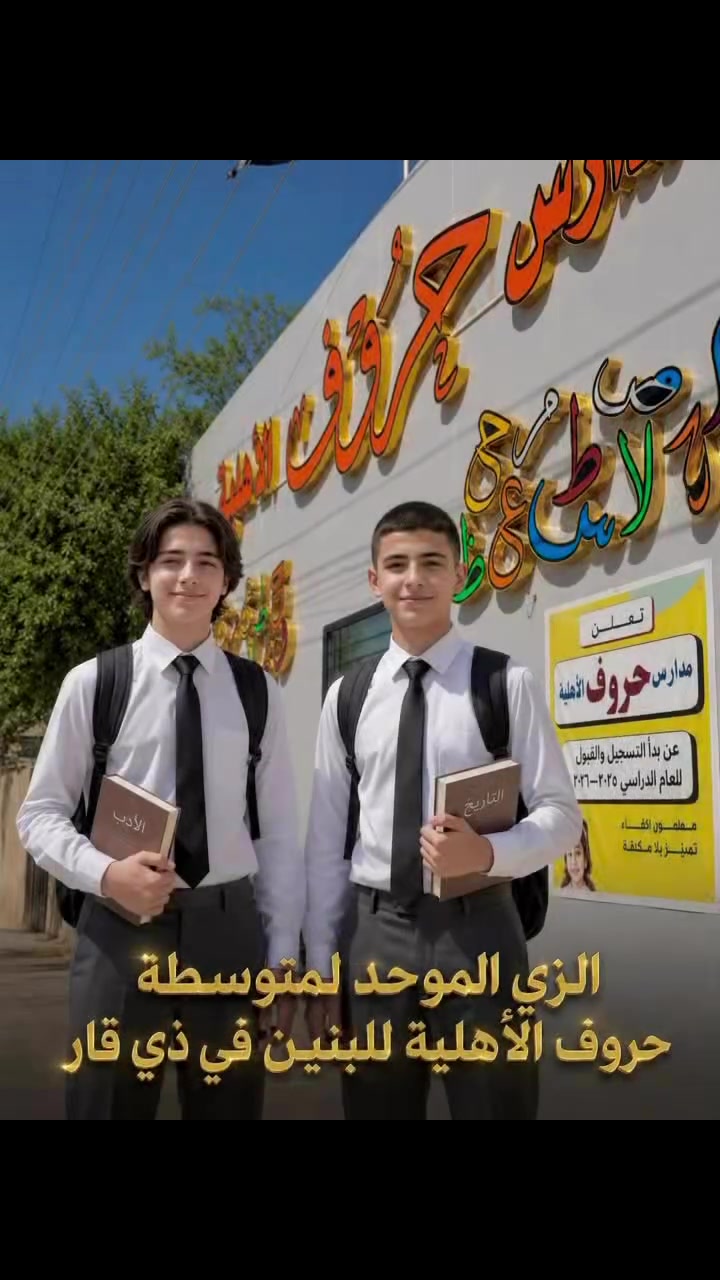 الزي الموحد لمدارس حروف الأهلية

الابتدائية المختلطة
متوسطة حروف الأهلية للبنات
متوسطة حروف الأهلية للبنين

زي موحد أنيق يعكس هويتنا ويجمع بين الراحة والترتيب

الناصرية الصالحية شارع الوقائي

للاستفسار والتسجيل
***********

حروف تصنع الفرق
