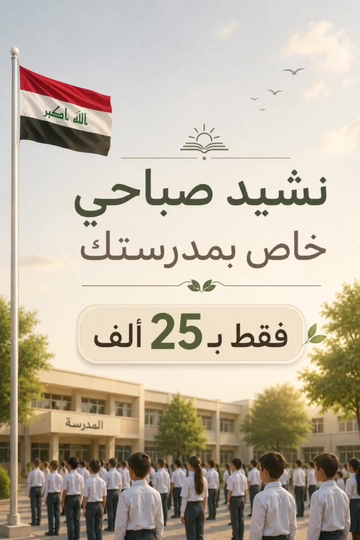 🎓🔉 هل تحتاج إلى نشيد مدرسي 🤔 مميز لمدرستك أو معهدك؟ 🎶✨
🔹 نشيد احترافي بكلمات وألحان مناسبة للأجواء التعليمية
🔹 مناسب للتشغيل في مكبرات الصوت (الطابور الصباحي والفعاليات) 🎤🏫
🔹 جودة عالية وتنفيذ سريع ✅
💰 بسعر 25 ألف دينار فقط 💰
📞 للحجز والاستفسار: *********** 📩✨

