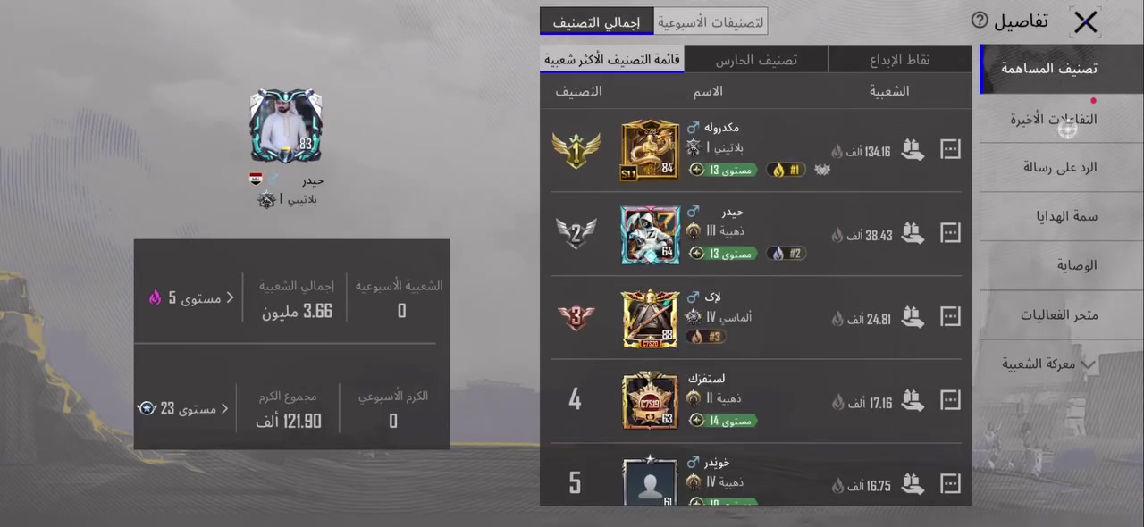 لفل 83

مثك 187

بدلاتX 4 واحده لفل4والباقي لفل 3

اسلحه تطوير 52

كلمسج33  الماكس 5  ويومبي ثلجي 6

سيارات مثك،4 مع دراجة مثك 1

بدلات ذهبية 8

جنط مثك 12

خوذ مثك 8

لفل المجموعات قريب 70

كونكر التمت 3

لوبيات مثك 8

ربط الحساب رقم تويتر وبريد
سعر 500 قفل 
*********** وتساب
