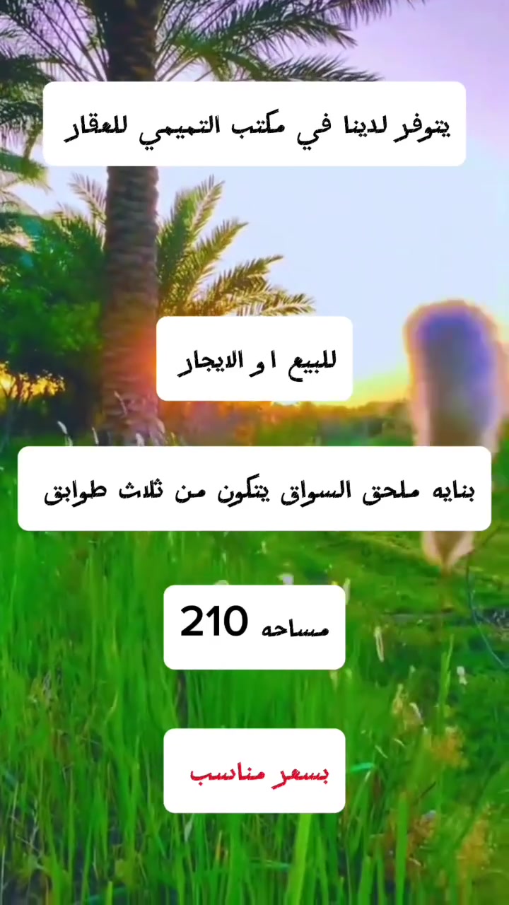 توفر لدينا بنايه تجاريه ملحق السواق يتكون من ثلاث طوابق للبيع او الايجار مساحه 210 للأستفسار اكثر مراجعه مكتبنا شارع الغدير-فرات مجاور مخبز الفرنسي رقم المكتب ***********
