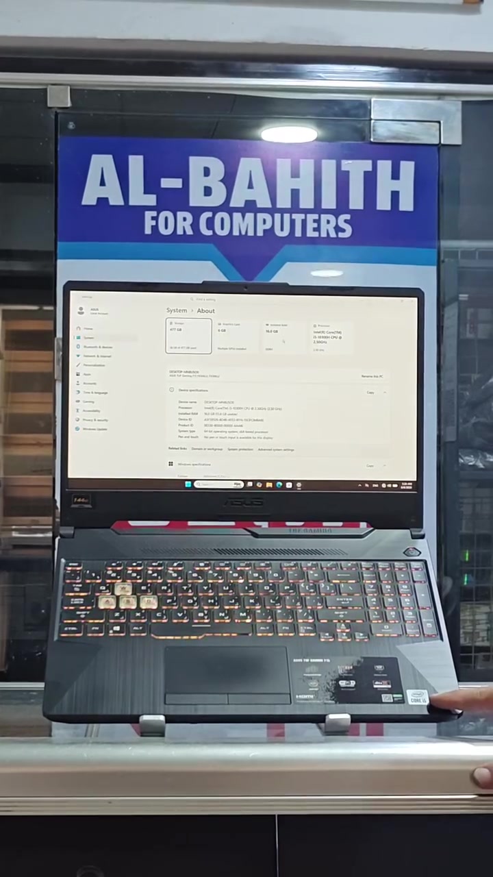 Laptop Asus tuff gaming 15 
Cpu cor i5 generation 10 h
Ram 16 g
Ssd 512
GPU gtx 1650 ti 6g 
Know Rgb
Display 144 hz

موصل /مجموعة الثقافية / قرب مطعم زكور 
***********
***********
