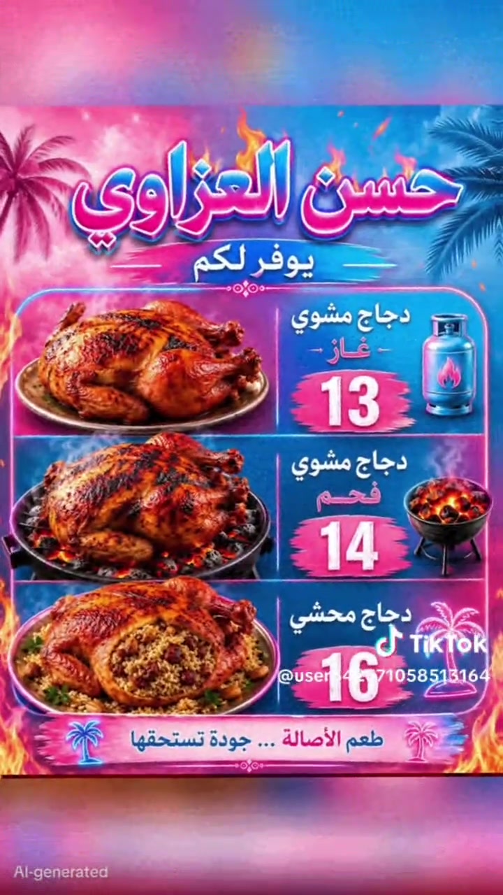 🍗✨ حسن العزاوي & حسن الملك ✨🍗

نكهة تحبها… وطعم يخليك ترجع مرة ثانية 😋🔥

🔸 دجاج محشي لذيذ
🔸 دجاج مشوي على الغاز
🔸 دجاج مشوي على الفحم

🚗💨 توصيل سريع إلى باب البيت

📍 مواقعنا:
• بسماية – الشارع العام
• الوردية – المدائن، مقابل مجمع الحسن

📞 للطلب والحجز:
***********
***********
***********
***********
حسن العزاوي 
❤️ حسن العزاوي وحسن الملك… الطعم الأصيل بانتظاركم
