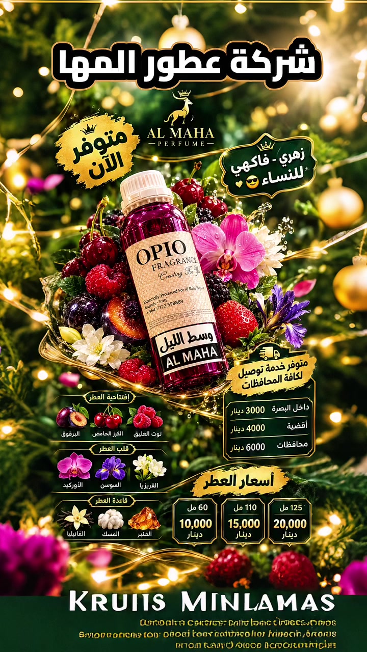 🌸 شركة عطور المها 🌸

 وسط الليل 

☎️ ***********

🟣 افتتاحية العطر 
  البرقوق 
الكرز الحامض
 توت العليق     
 🟣 قلب العطر 
الاوركيد  
السوسن  
الفريزيا          
 🟣 قاعدة العطر 
الفانيليا  
المسك
العنبر          

📦 الأحجام والأسعار:
60مل بـ  10
110مل بـ  15
125 مل  20
🚕 خدمة التوصيل متوفرة:

مركز البصرة: 3
الأقضية: 4
باقي المحافظات: 6

📍 العنوان: البصرة – العشار – شارع عبد الله بن علي
