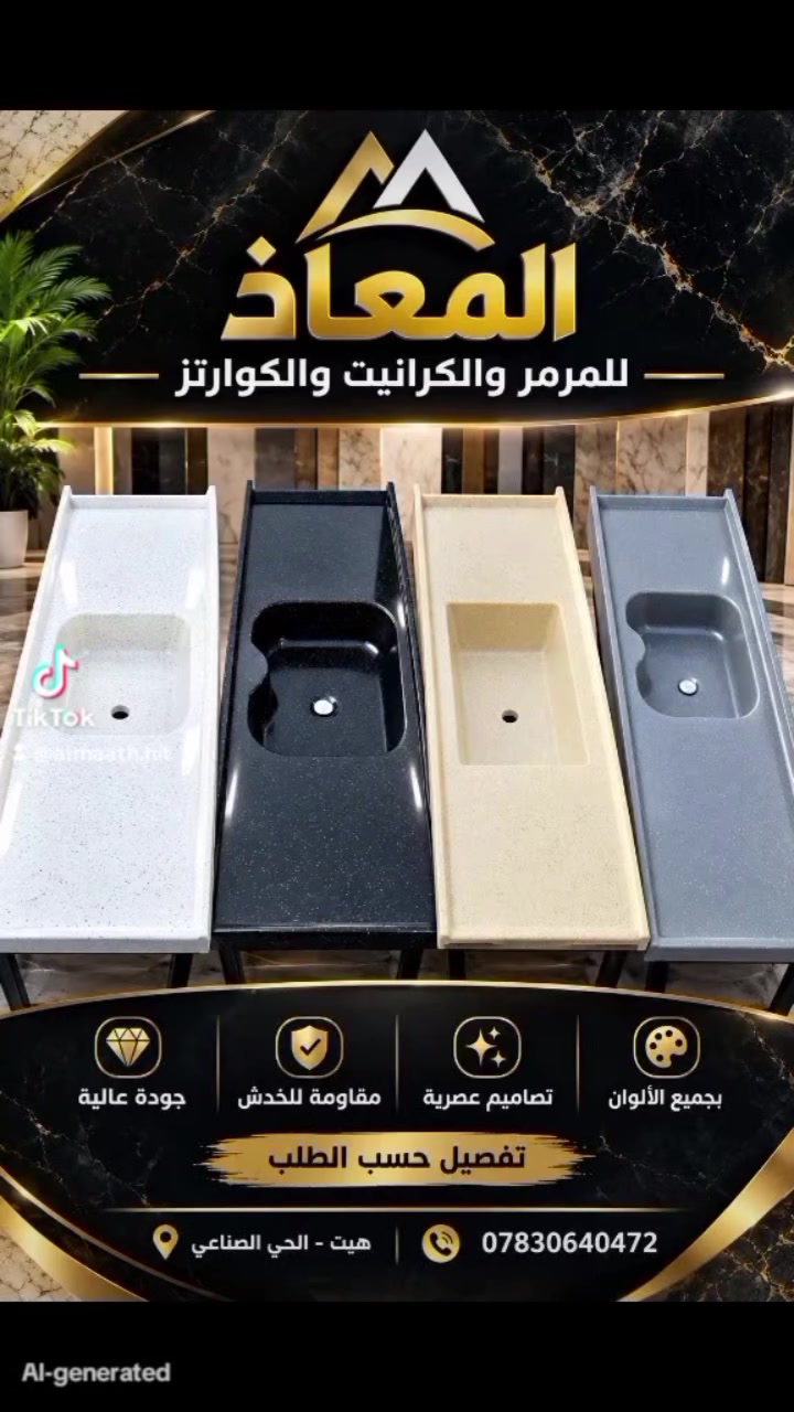 المعاذ للمرمر والكرانيت والكوارتز ✨

🔹 سنك متر ونص 
🔹 تفصال حسب الطلب وبجميع الألوان
🔹 جودة عالية وتشطيب راقي 👌
🔹 شغل مرتب ولمسة فخامة تليق ببيتك

📍 هيت – الحي الصناعي
📞 ***********

#المعاذ #مرمر #كرانيت #كوارتز #سنكات #كونترات #هيت

