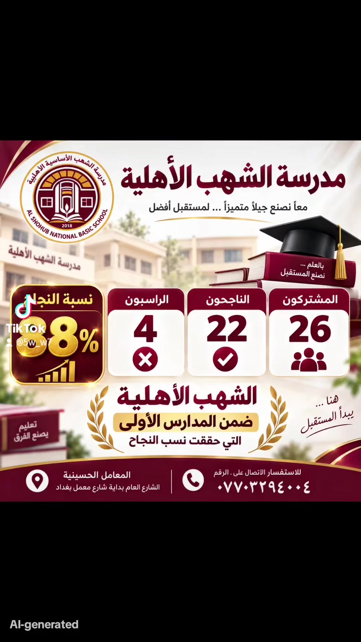 🏆✨ نتائج الثالث المتوسط… نجاح نفتخر به! ✨🏆

بكل فخر، حققت مدرسة الشهب الأهلية نسبة نجاح بلغت 88% في نتائج الثالث المتوسط 🎓👏
من أصل 26 مشتركًا في الثالث المتوسط، نجح 22 طالبًا، في إنجاز يعكس جهود طلبتنا وكادرنا التعليمي. 📚🌟

🥇 الشهب الأهلية ضمن المدارس الأولى التي حققت نسب النجاح في الثالث المتوسط
نجاح اليوم… ثمرة جهدٍ مستمر، وطموحنا دائمًا نحو الأفضل. ❤️

📍 العنوان: المعامل الحسينية – الشارع العام – بداية شارع معمل بغداد
📞 للاستفسار: ***********

#مدرسة_الشهب_الأهلية #الثالث_المتوسط #نتائج_الثالث_المتوسط #نسبة_نجاح #نجاح_وتميز #المعامل_الحسينية #تعليم_متميز 🎓📚✨
