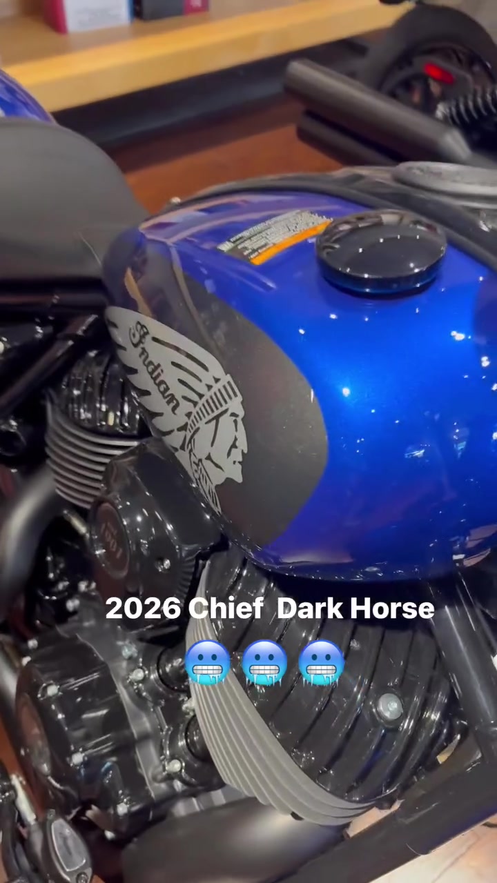 2026 Chief Dark Horse in a beautiful deep blue metallic. This bike has a 116 ci engine, black features, and plenty of tech. If you want to come take it for a demo ride text our sales team at 540-642-4017.

 #Indianbikesva #IndianFXBG #indianmotorcycle #rva #dc #fxbgva
