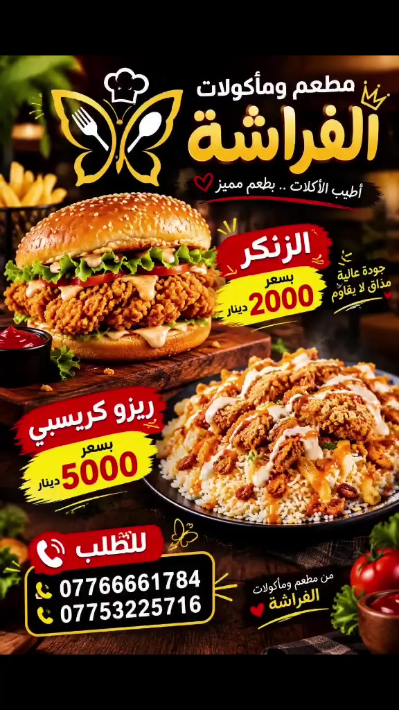 من مطعم وماكولات الفراشه
يتوفر الزنكر بسعر 2000
ريزو كريسبي بسعر 5000
للطلب
***********
***********
