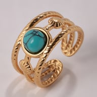 Gold wide-band turquoise adjustable ring showing twisted rope texture detail