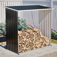 62 cubic foot metal storage shed with sloped roof and firewood rack