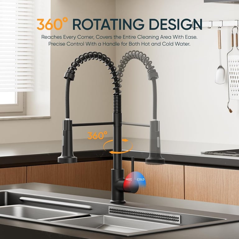 Single lever control mechanism on matt black kitchen sink mixer tap