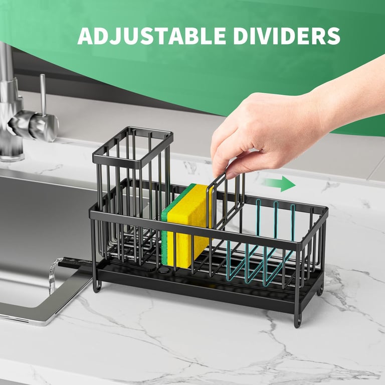 Kitchen sink organizer with drain tray collecting water beneath sponges