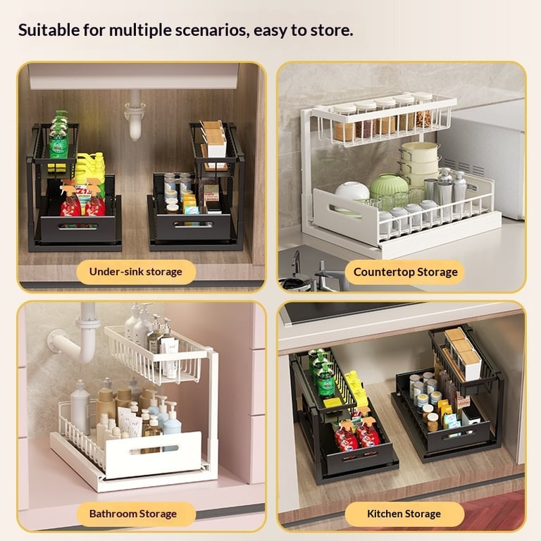 Black minimalist under-sink storage rack in bathroom vanity, compact organization
