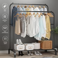 Double clothes rail with shoe storage displaying organized hanging garments and footwear