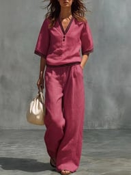 Cotton-Linen V-Neck Shirt & Pants Set | Casual Comfort — view 20