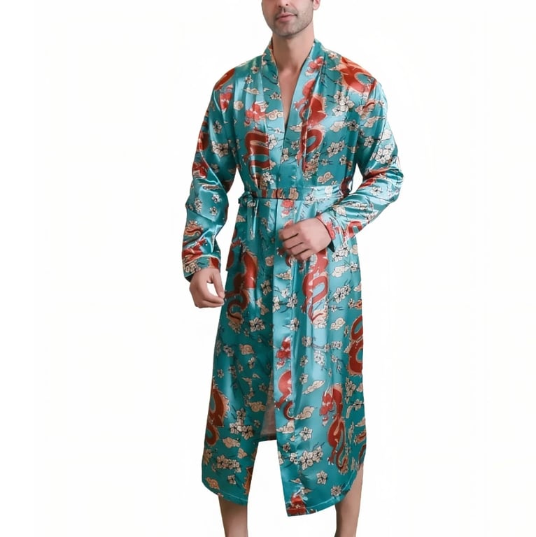 Back view showcasing intricate dragon embroidery on men's ice-silk loungewear