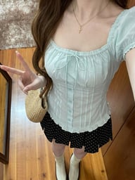 Ice-Blue Square-Neck Bubble-Sleeve T-Shirt | Cottagecore Style Top — view 4