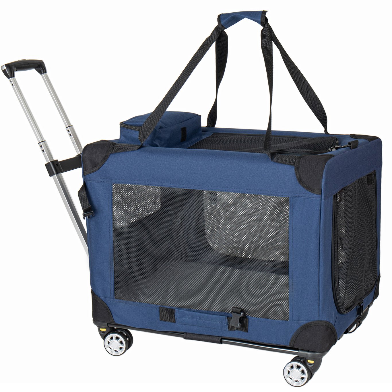 2 In 1, 24   Collapsible Travel Dog Crate For Medium Large Dogs, Rolling Pet Carrier With Wheels, 3-Door Portable Folding Pet Kennel With Mesh Windows, Indoor Outdoor Travel Use, Dark Blue