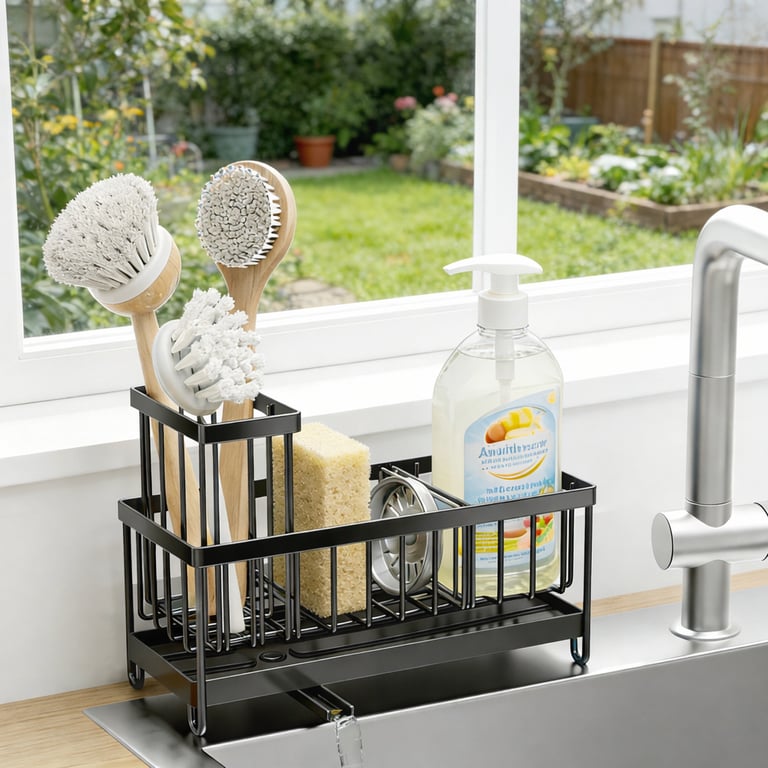 Durable black metal kitchen sink rack holding multiple cleaning brushes