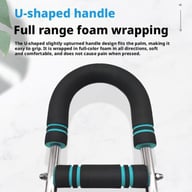 Close-up foam-padded U-shaped handle with teal accents and grip detail
