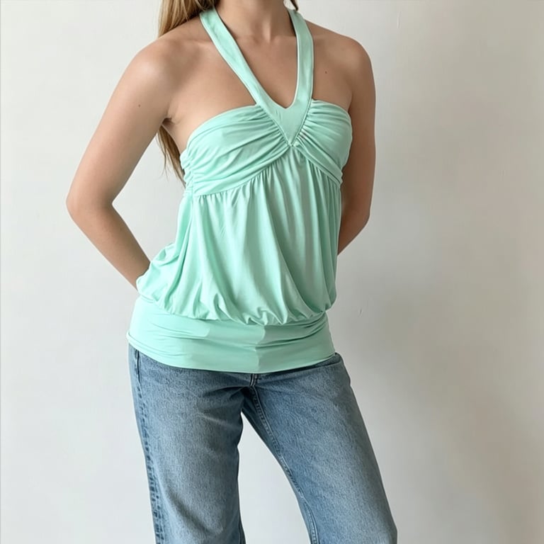 Young woman posing in mint green ruched halter top with gray pants