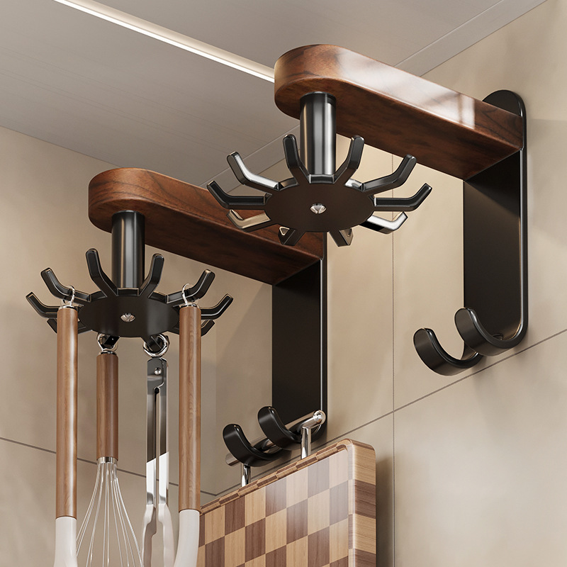 Walnut Wood Swivel Hooks - Modern Kitchen Storage, No Installation
