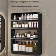 Multi-tier black no-drill bathroom shelf with cosmetics and toiletries organized