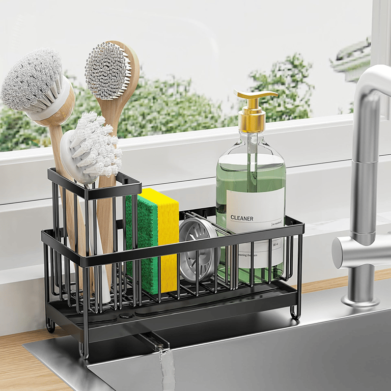 Before and after kitchen sink with and without black metal organizer