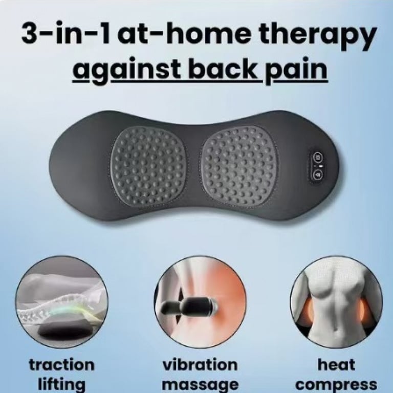 Lumbar heating massage pad in use on office chair, worker relaxed