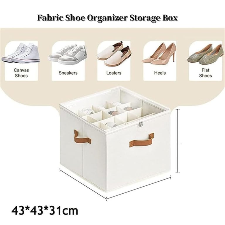 Black shoe storage box with clear lid showing durable fabric construction and dividers