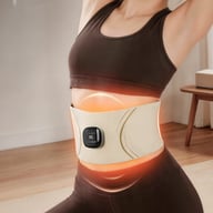 Woman wearing beige EMS lumbar massage belt with heating effect demonstration