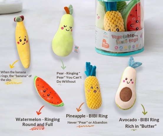 Close-up of embroidered cartoon face and quality stitching on plush rattle