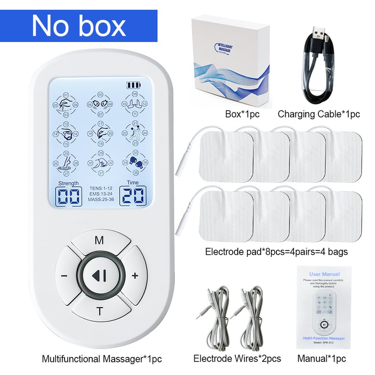 TENS massage device on charging base with USB cable connection